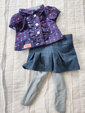 Our Generation 18-inch Doll Outfit Blouse with Denim Skirt and Gray Tights
